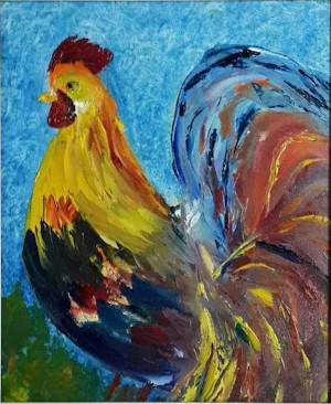 Hey, wake up to the clarion call of the rooster! (Oil on canvas with knife by Yadav Ram.)